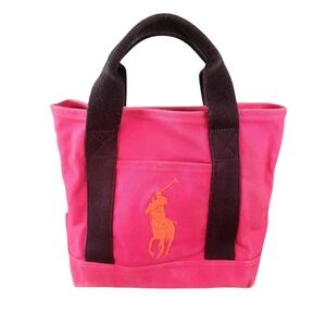 Ralph Lauren Canvas Mini Tote Bag Hot Pink Orange Pony Polo Embroidery Rare Prep